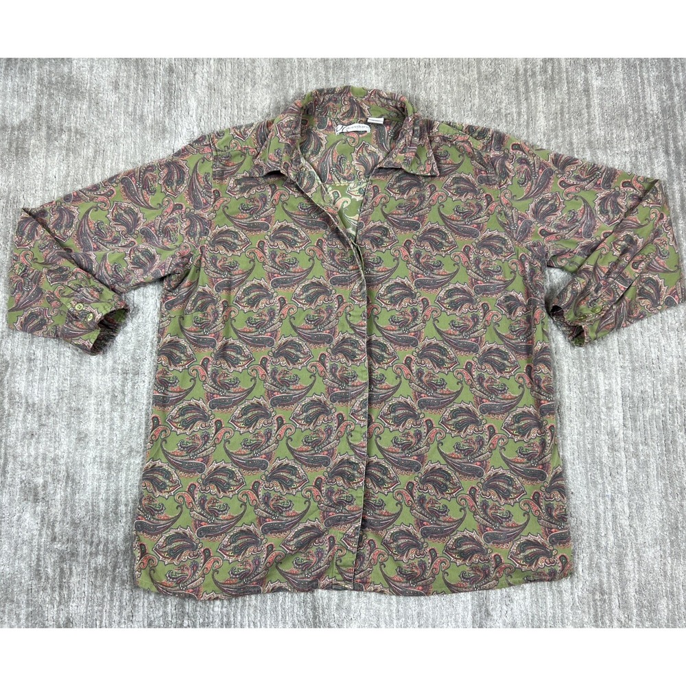 Dressbarn Womens Plus‎ Shirt 18/20 Green Purple Paisley Button Down Long Sleeve